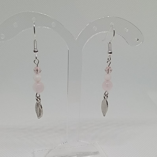 Boucles d’oreilles feuille avec perles en quartz rose et opale rose
