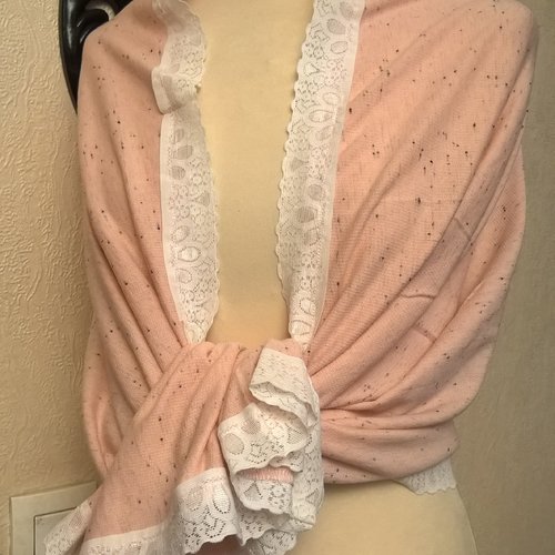 Étole de mariage,en maille de coton et élasthanne,de couleur rose chiné,dentelle blanche,écharpe femme