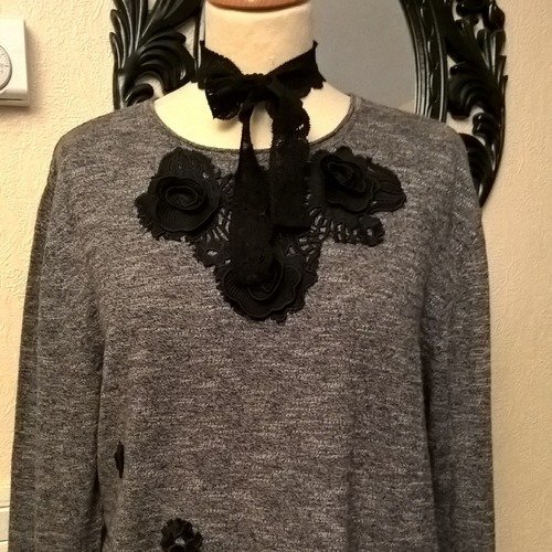Pull noir chiné,coton et viscose,dentelle de coton noire pull noir femme en viscose