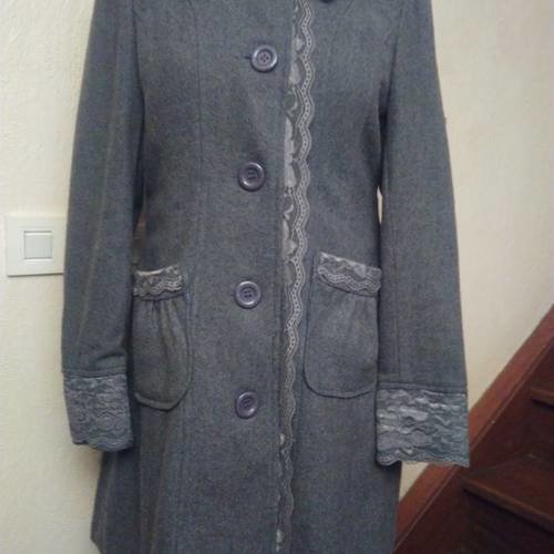 Manteau en laine,viscose et dentelle,couleur gris,manteau femme,manteau fille,cadeau femme,cadeau fille,vêtements