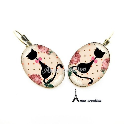 Boucle D Oreille Chat Noir Noeud Rose Pois Bouton De Rose Un Grand Marche