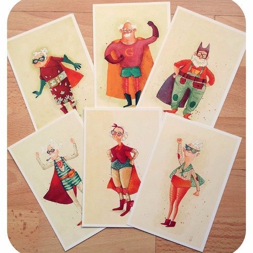 Collection de cartes postales "les superpapy et supermamy"