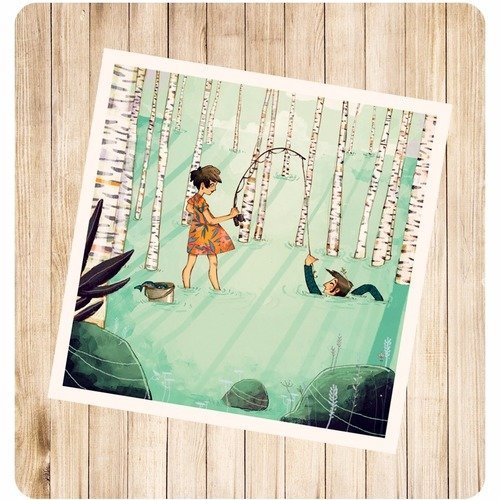 "lili à la pêche", carte postale carrée.