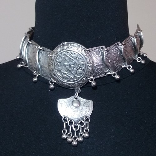 Collier arménien ras du cou à maillons en armure plaqué argent, collier de cou ethnique