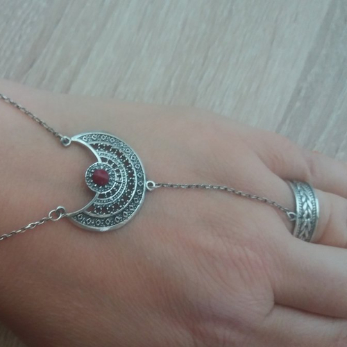 Bracelet bague arménienne en argent massif en couronne, chaîne à la main bracelet
