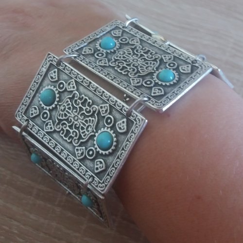 Bracelet à maillons en armure rectangulaire turquoise argenté