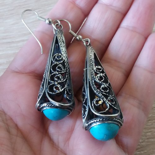 Boucle d’oreilles arménienne en filigrane turquoise, boucle d’oreilles tribal ethnique