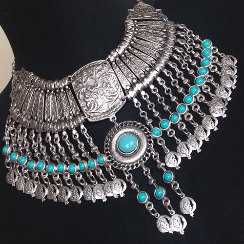 Collier argenté de grenade turquoise tombant, collier arménien