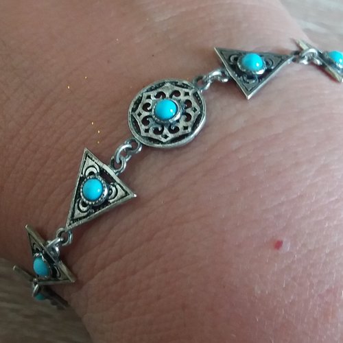 Bracelet arménien en argent sterling avec liens triangulaires et turquoises