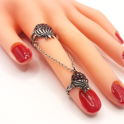 Bague double grenade arménienne – argent sterling .925 avec pierres de grenat