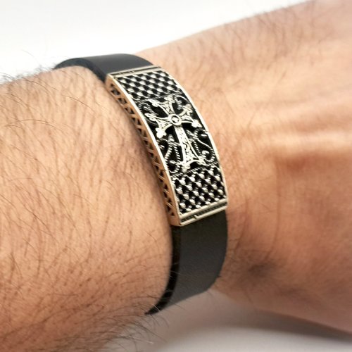 Bracelet homme en cuir avec croix arménienne argent sterling .925