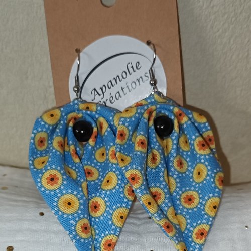 Boucles d'oreilles feuille bleu fleurs jaune