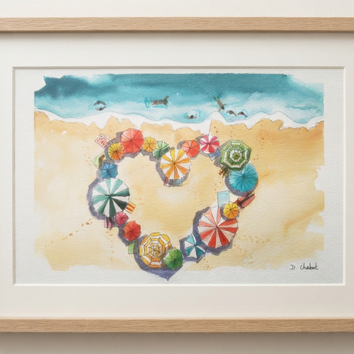 Aquarelle faite main "l'amour a la plage"