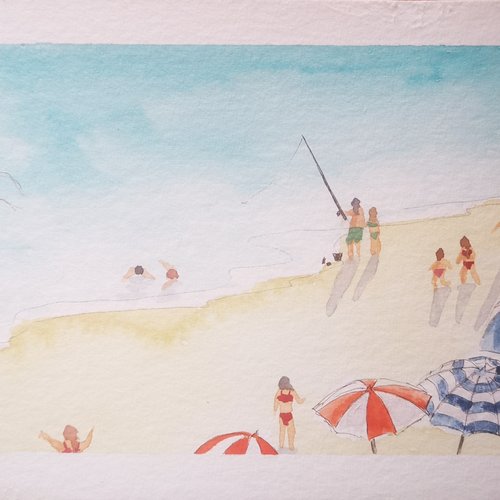 Aquarelle bord de mer, décoration marine, paysage côtier, plage, océan, bretagne, vacances