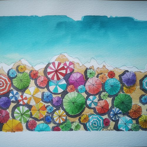 Aquarelle peinte à la main, unique et originale "plage et parasols"
