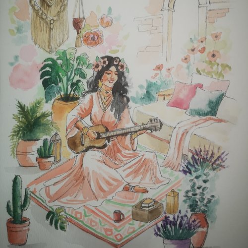 Aquarelle bohème, peinte à la main, "vie de bohème"