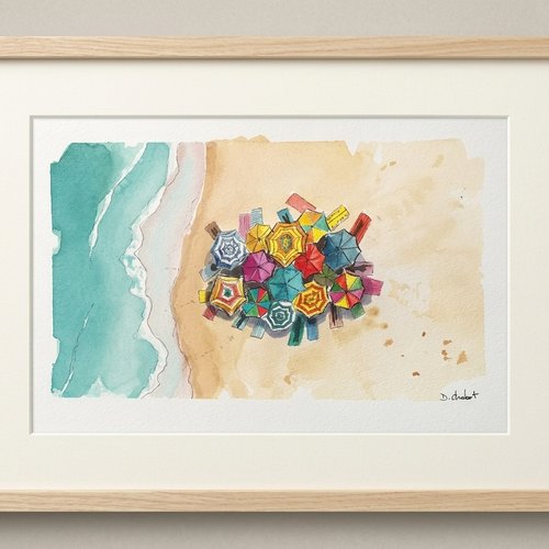 Aquarelle faite main unique et originale "plage et parasols #2"