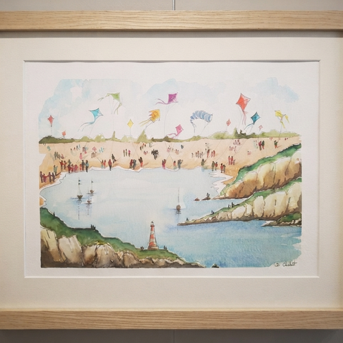 Aquarelle peinte à la main "fête du cerf-volant vue de la mer"