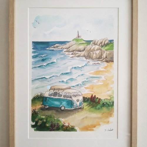 Aquarelle faite main "combi vw en famille à la plage"