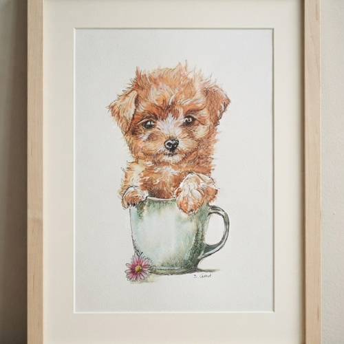 Aquarelle faite main "bébé yorkshire"