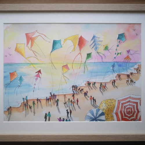 Grande aquarelle peinte à la main "fête du cerf volant à la plage"