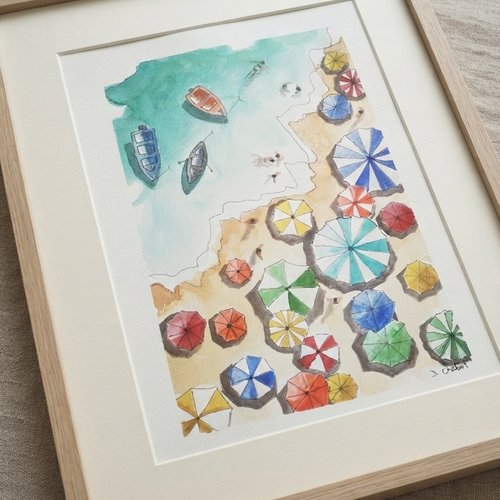 Aquarelle peinte à la main, unique et originale "vive les vacances"