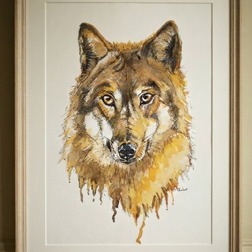 Portrait peint à la main, unique et original, le loup