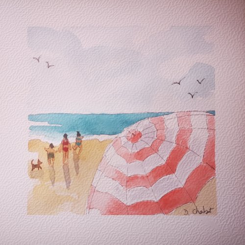 Petite aquarelle unique et originale peinte à la main, scène familiale à la plage, bord de mer, vacances.