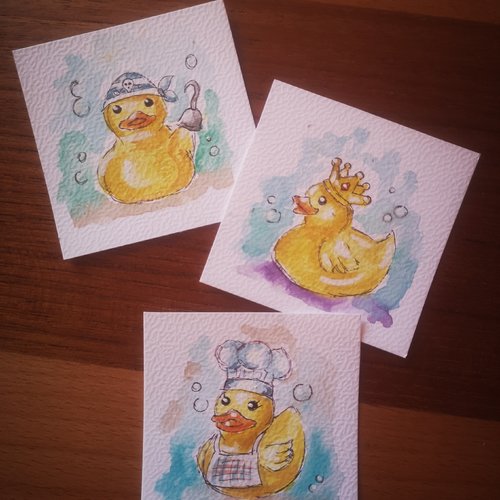 Trio de minis aquarelles peintes à la main "mes 3 petits canards", uniques et originales, humoristique, tendance
