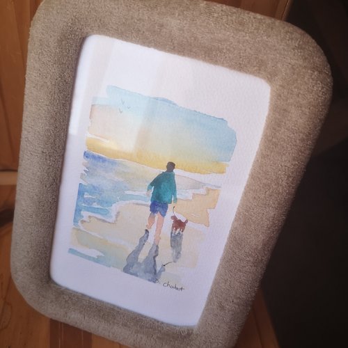 Aquarelle peinte à la main et son cadre peluche, balade à l'océan, famille, estivale, déco marine, unique et originale