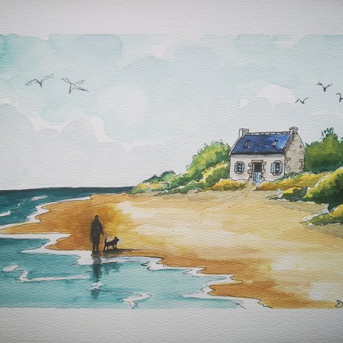 Aquarelle marine, unique et originale, peinte à la main, maison bretonne, bord de mer, océan, plage, vacances, paysage côtier