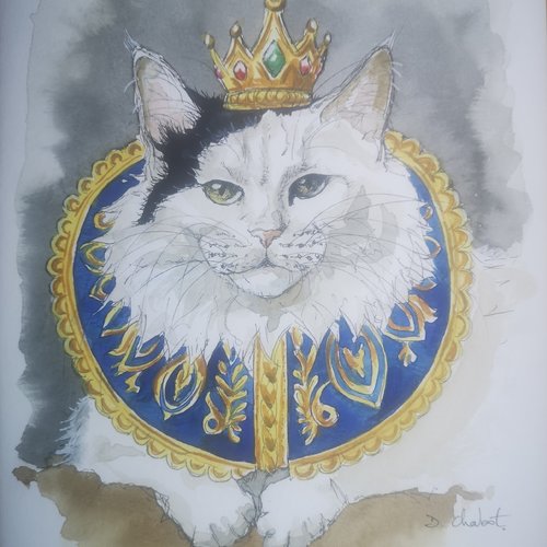 Portrait de chat peint à la main, blanc et noir, poils longs, déguisé en roi.
