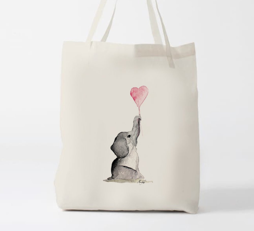 Tote Bag Aquarelle Elephant Ballon Coeur Sac A Main Art Illustration Bebe Amour Enfant Dessin Peinture Sac Coton Dumbo Un Grand Marche