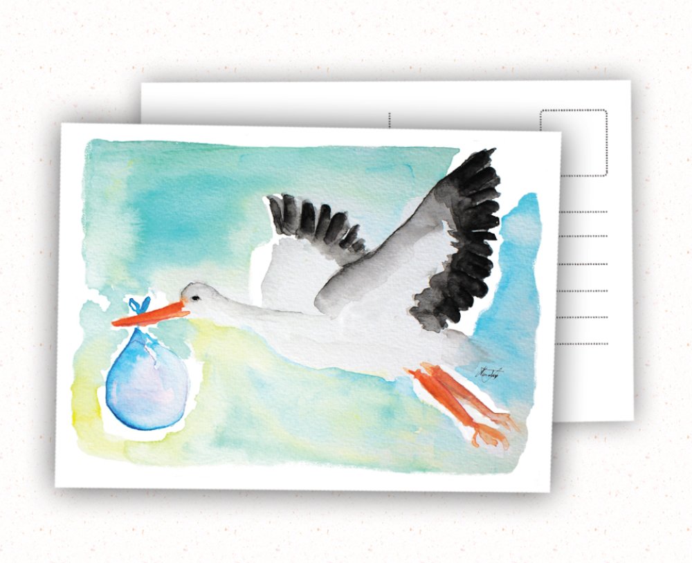 Carte Postale Cigogne Aquarelle Illustration Bebe Naissance Peinture Cigogne Bebe Alsace Strasbourg Grossesse Un Grand Marche