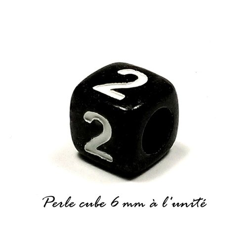 Perle acrylique chiffre " 2 " cube noir 6mm