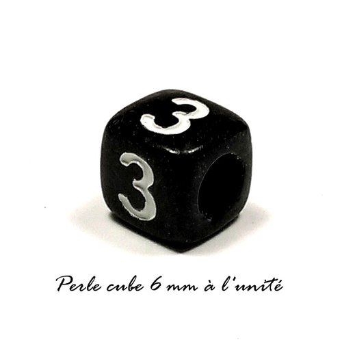 Perle acrylique chiffre " 3 " cube noir 6mm