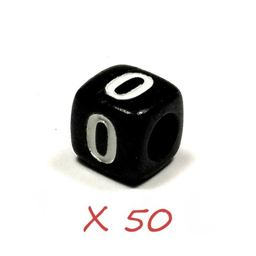50 perles acrylique chiffre " 0 " cube noir 6mm