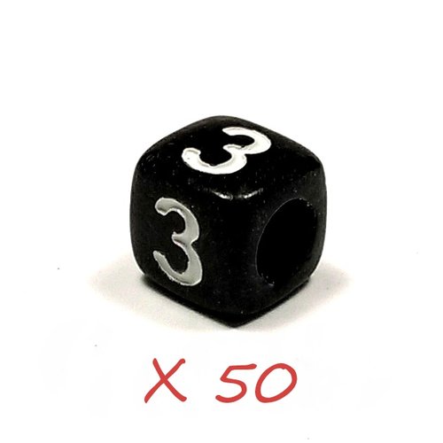 50 perles acrylique chiffre " 3 " cube noir 6mm