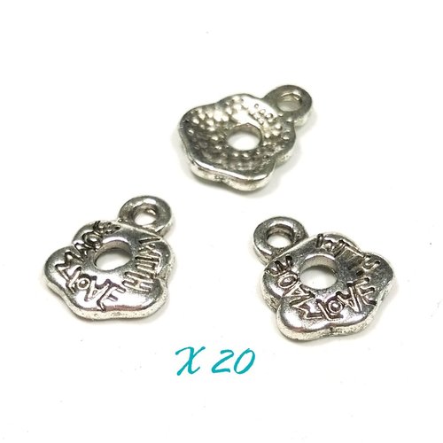 20 breloques "made with love" 10 mm argent vieilli