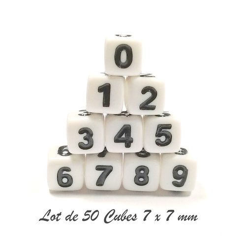 50 perles cubes chiffres 7 mm acrylique