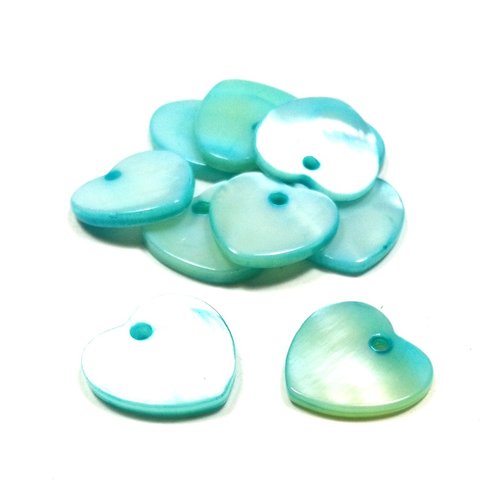 10 sequins coeur en coquillage turquoise 12 mm