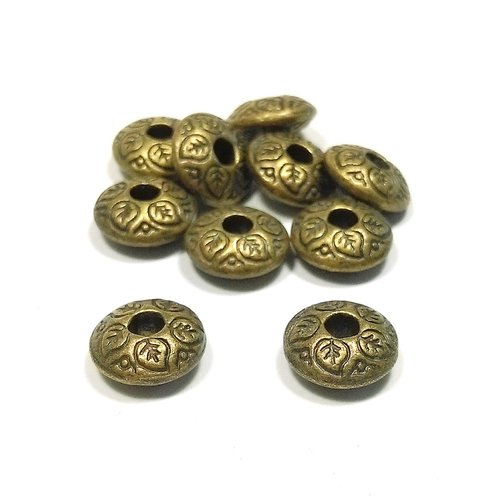 10 perles disques " feuilles " 9 mm métal bronze
