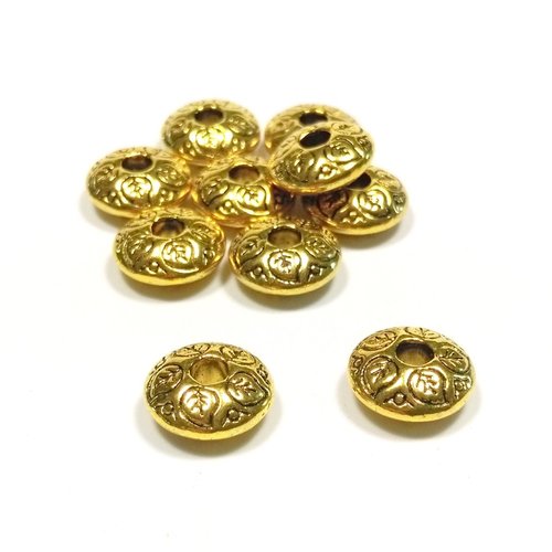 10 perles disques " feuilles " 9 mm métal doré