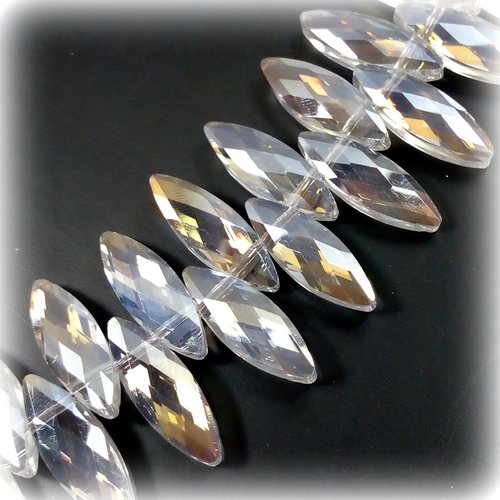 Perles navette verre electroplate blanc 23mm (x10) /