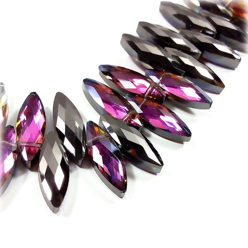 Perles navette verre electroplate violet 23mm (x10) /