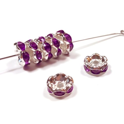 20 perles rondelles strass violet 8 mm argent