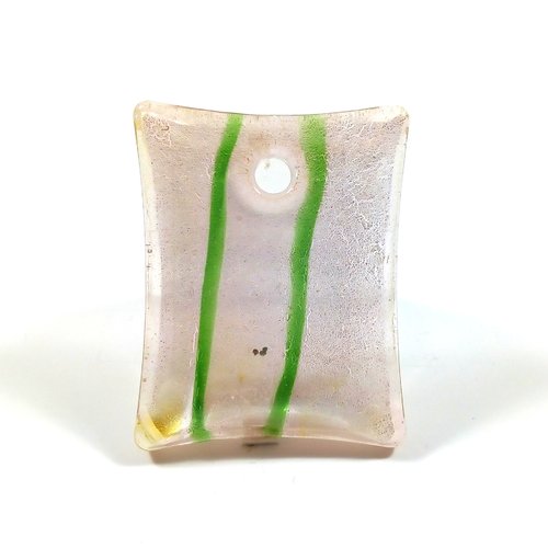 Pendentif verre lampwork, rectangle rayé vert 45  x 35 mm