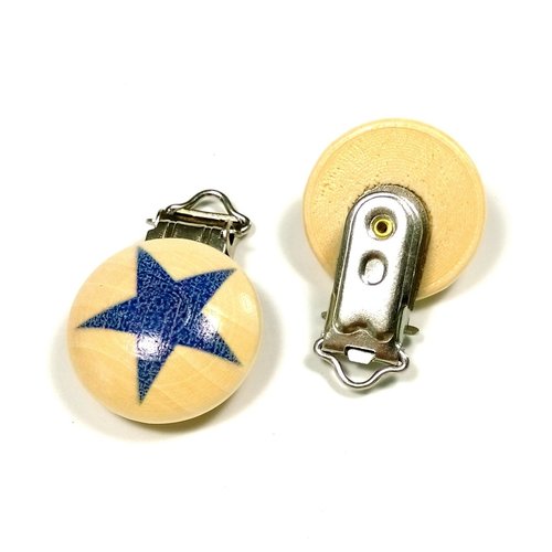 1 pince clip attache tétine attache bretelles en bois étoile bleu