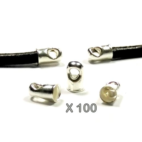 100 embouts a coller en métal argenté clair pour cordon de 3.5  à 4 mm