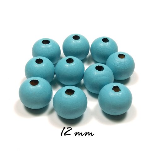 20 perles rondes en bois 12 mm bleu